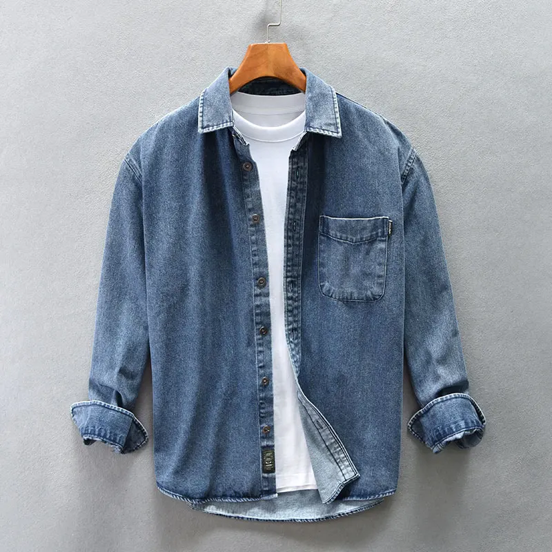 Fashion Designer Men Shirts High Quality Blue Gray Loose Fit Casual Denim Shirts Men Y2K Japanese Style Vintage camisa masculina