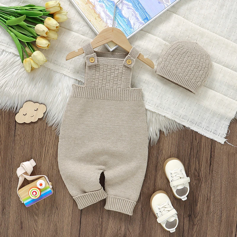 Baby Rompers Clothes 0-18m Casual Sleeveless Knitted Newborn Boys Girls Jumpsuits Hats Outfits Set 2pcs Infant Playsuits Costume