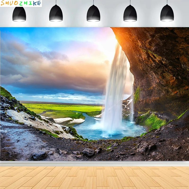 

Fresh Blue Natural Waterfall Beauty Lake Photography Backdrops Grass Landscape River Beach Park Cove Photo Background PB-08