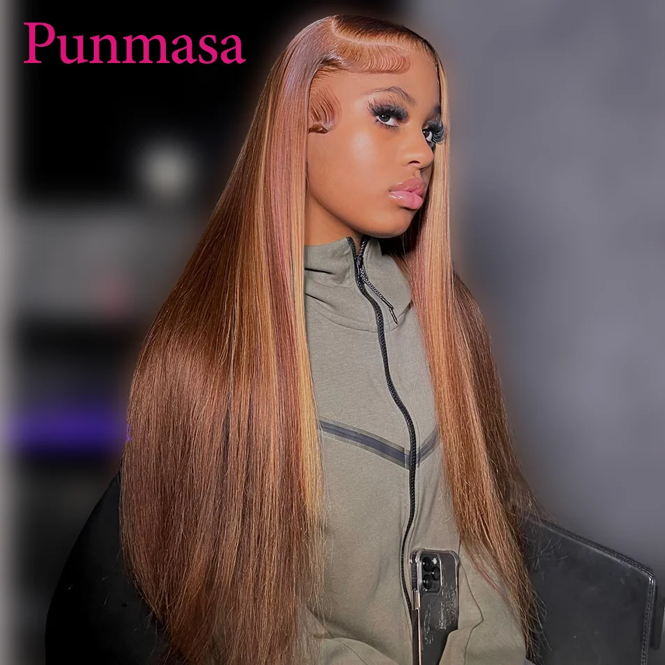 Bone Straight Honey Blonde With Brown Colored 13x6 Lace Frontal Wigs 5x5/13x4 Transaprent Lace Wig PrePlucked 200% Density