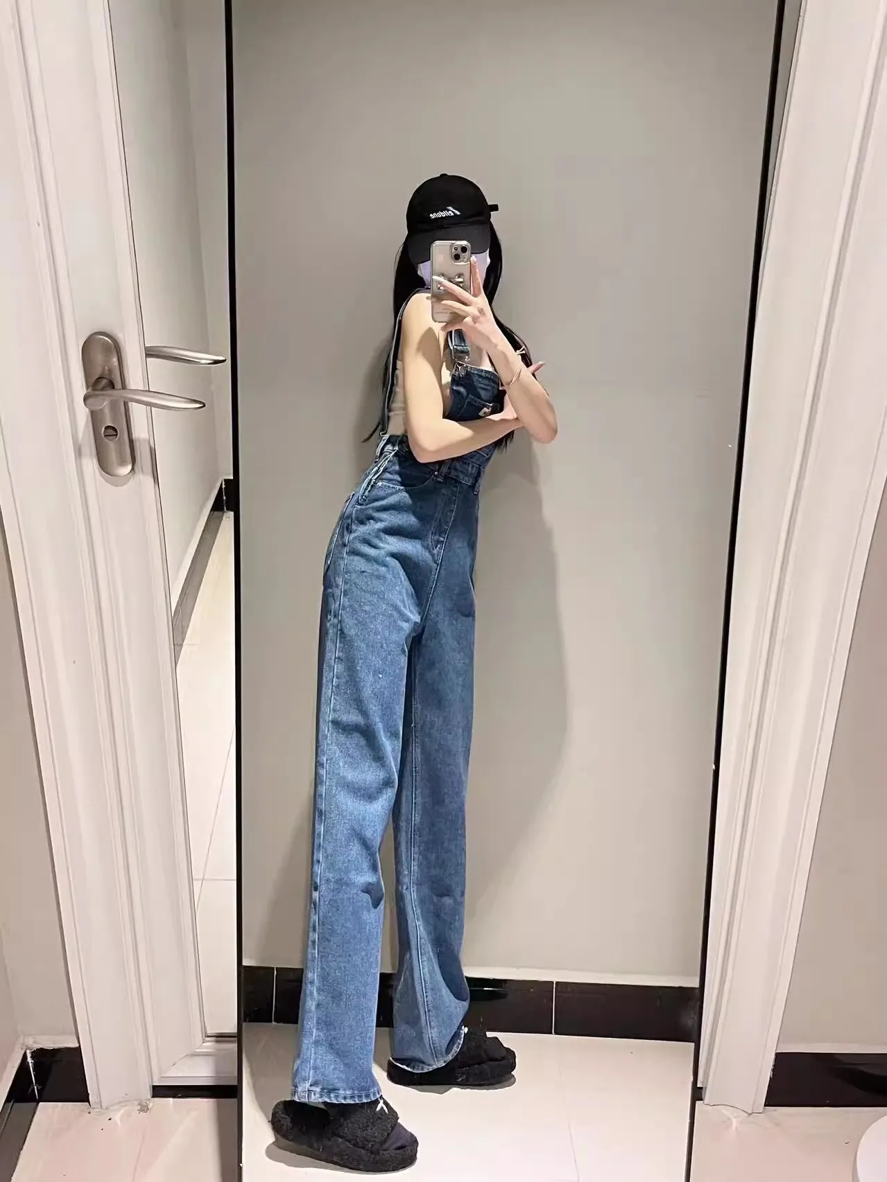Trendy Women's Denim Overalls Loose Wide Leg High Waist Long Pants Slimming Effect Korean Style plus Size Casual Jeans