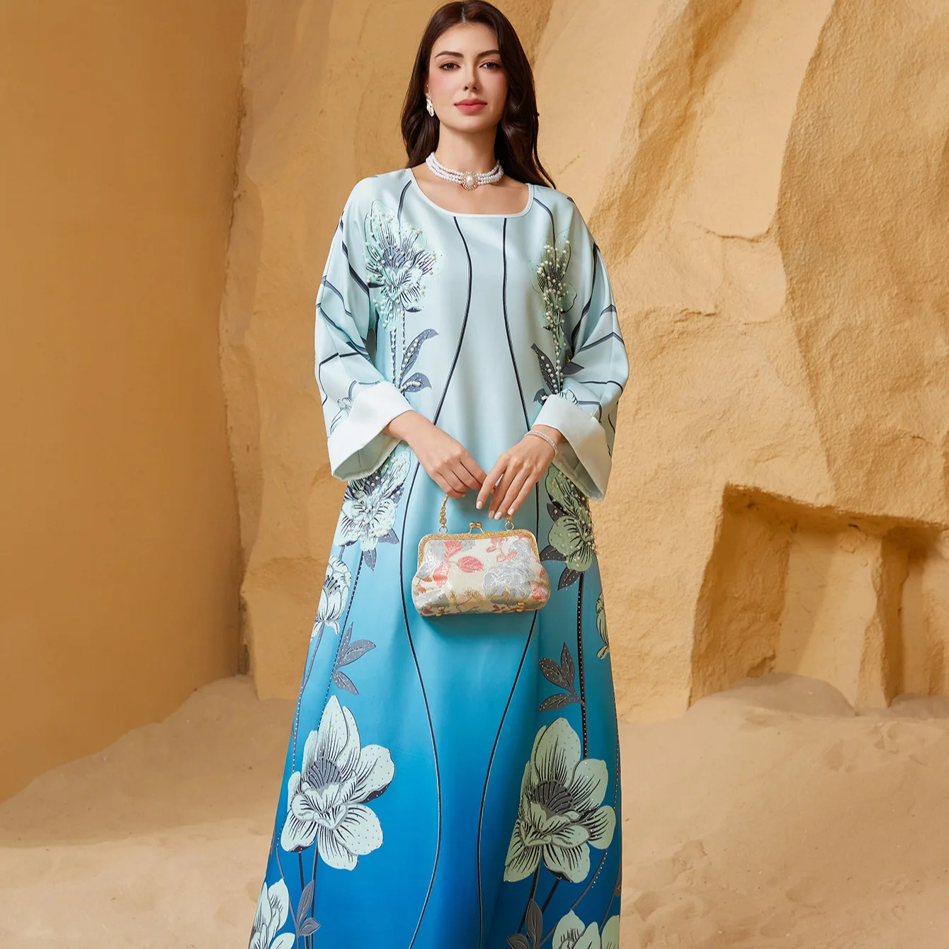 มุสลิมชุดสตรีดอกไม้พิมพ์ยาว Robe Sequins Eid Ramadan โมร็อกโก Kaftan ดูไบ Abayas Saudi Vestidos Jalabiya ชุด