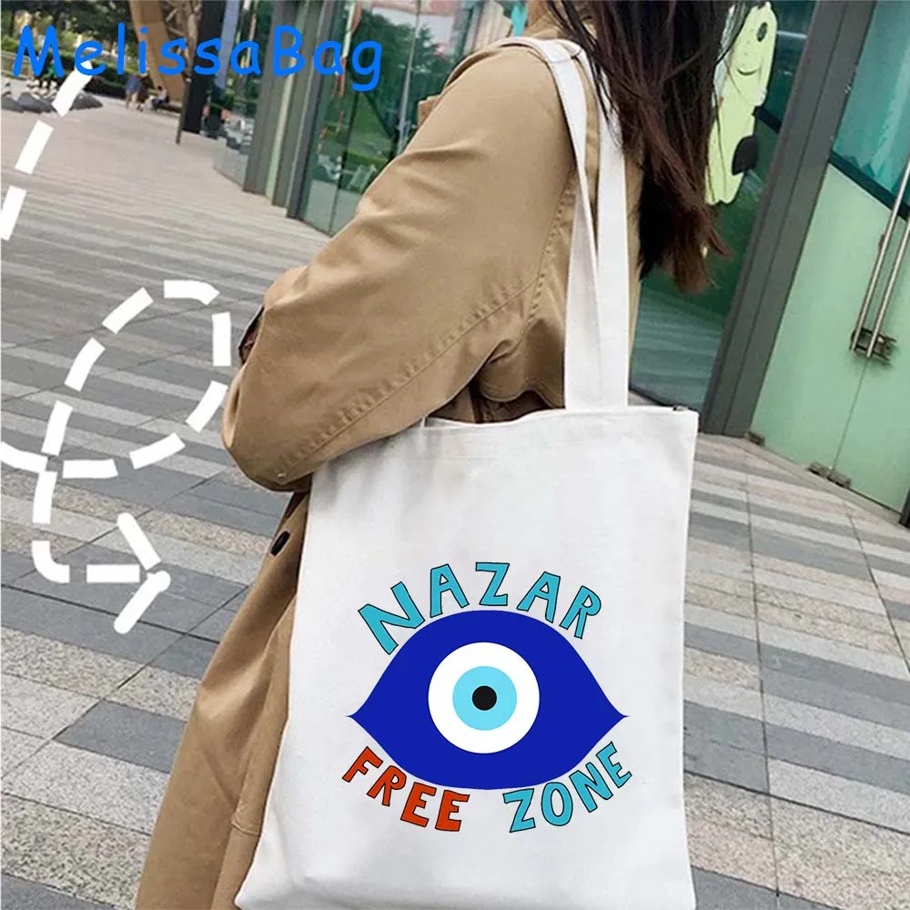 Psychedelic Evil Eye Blue Greek Nazar Rainbow Mandala Shoulder Canvas Tote Bag Large Mashallah Shopping Bags Women Hamsa Handbag