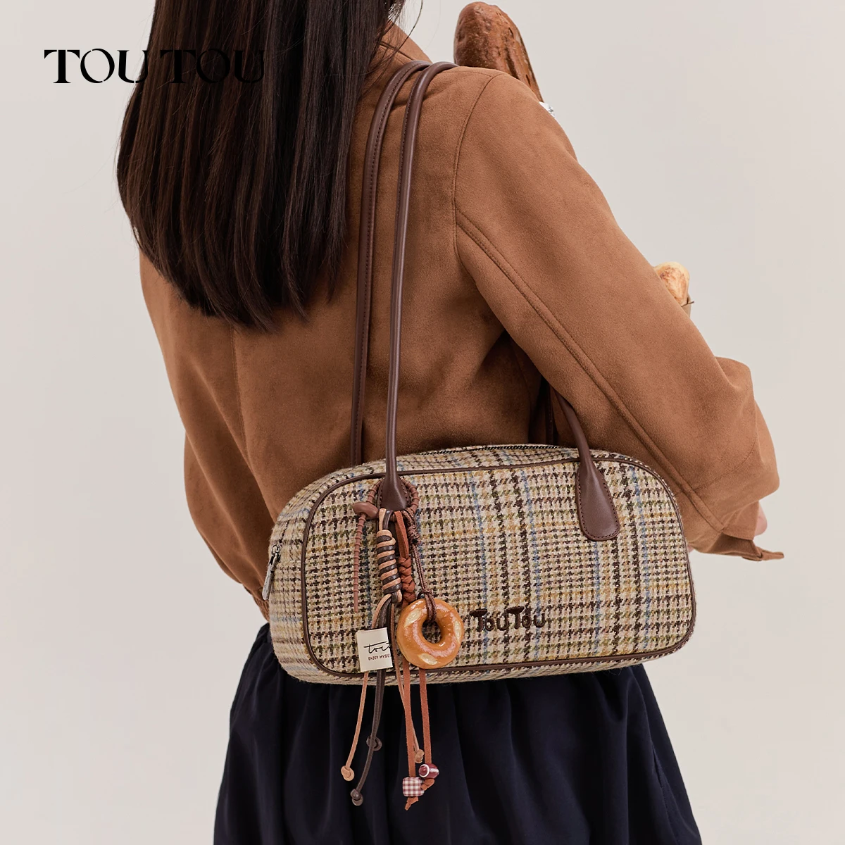 

Сумка TouTou Boston, шерстяная сумка через плечо с узором «гусиная лапка», модная женская сумка большой вместимости, женская сумка-боулинг, сумки для женщин