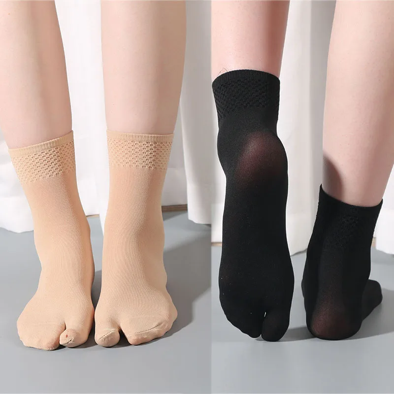 3 Pairs Lace Two Toes Tabi Socks Summer Split Toe Silk Sock Flip Flops Solid Black Nude Sheer Stockings Short Thin Women's Socks