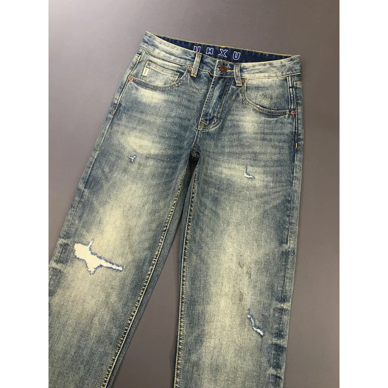

Broken hole patch jeans for men 2025 new trendy brand versatile slim fit straight tube retro blue denim pants