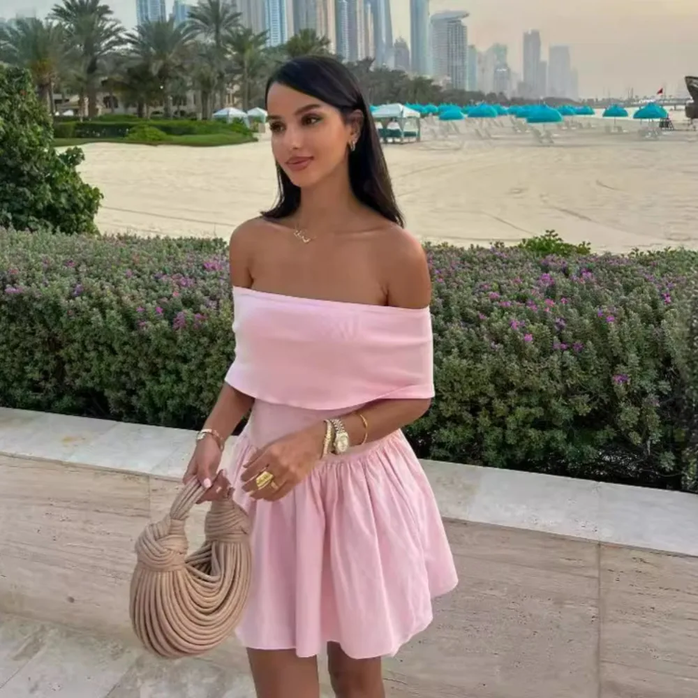 Pink Knitted Mini Dress Women Elegant Fashion Off The Shoulder Bodycon Short Dresses Summer Sweet Girl Holiday Beach Dress 2024