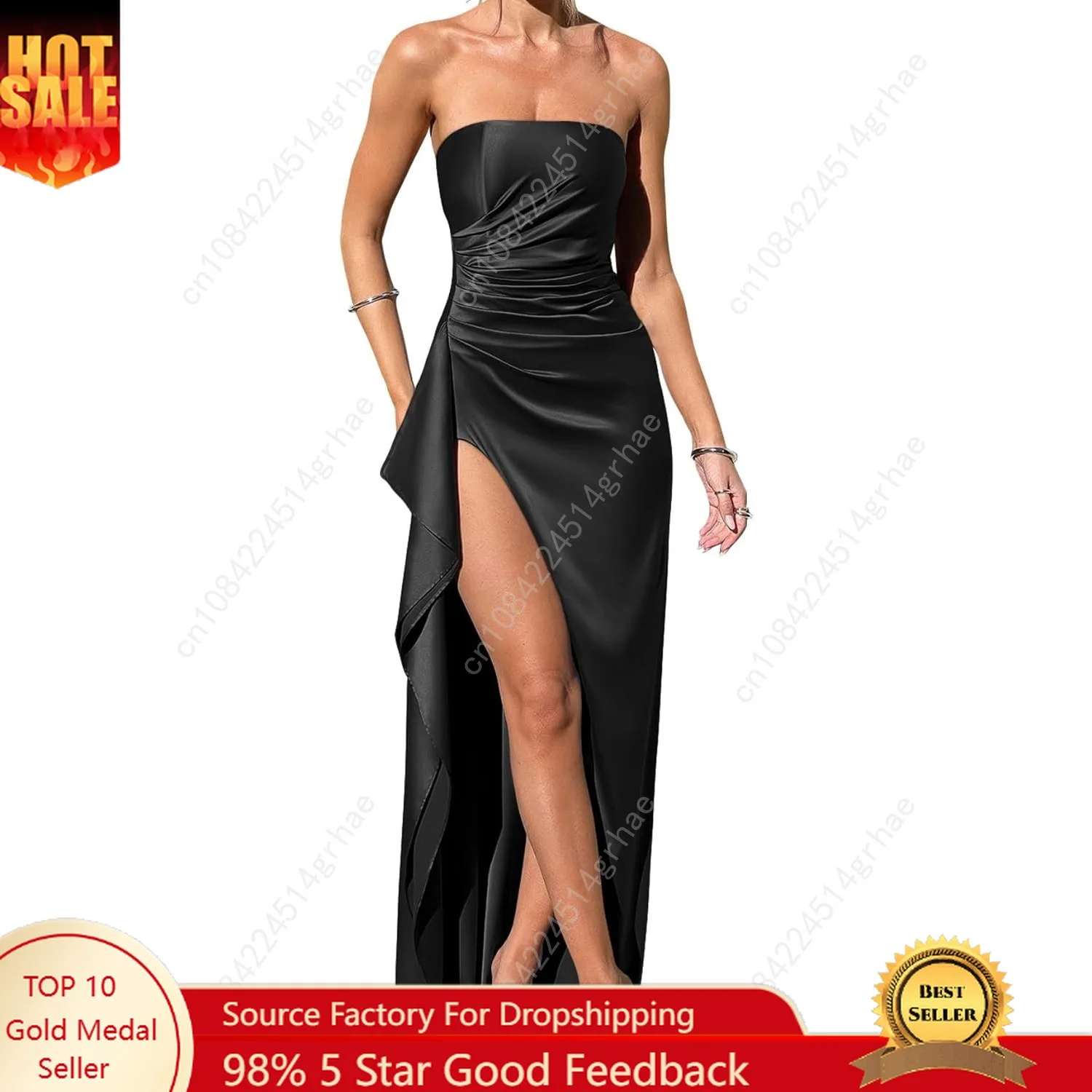

Women's Sexy Strapless Neck Ruched High Slit Cocktail Party Maxi Dress