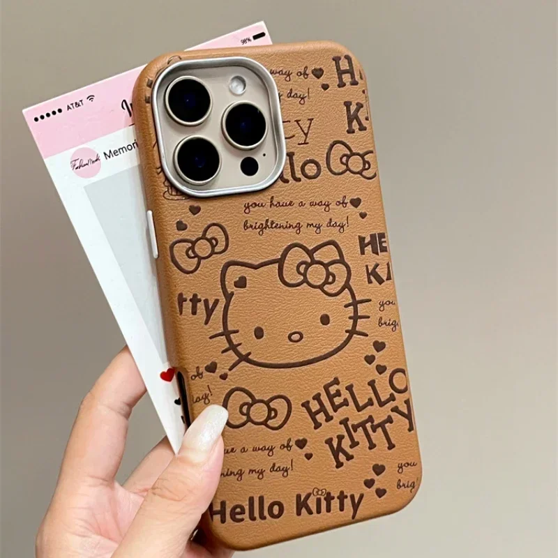 Capa de couro bonito dos desenhos animados, Sanrio, Olá Kitty Bow Brown, à prova de choque, Capa dura, Sanrio, iPhone 16, 15, 14, 13, 12, 11, Pro, Max