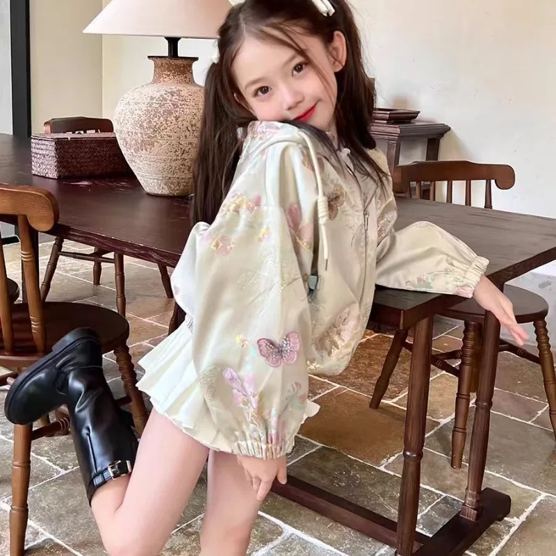 2025 新しい女の子のルーズパーカークリップ春子供のジャカード三次元蝶エスニックスタイル野球シャツジャケット
