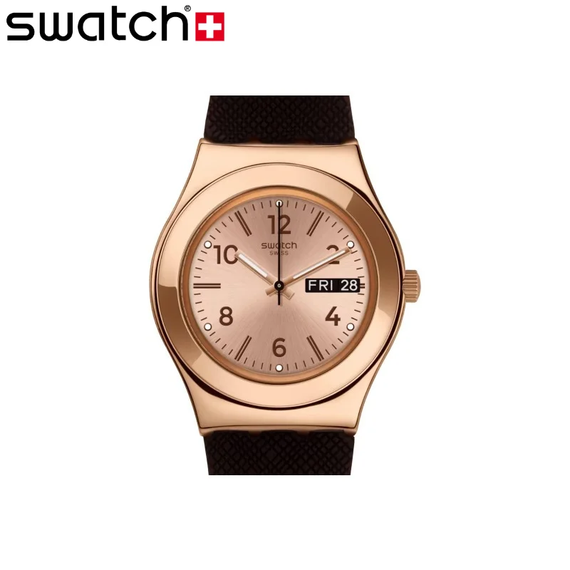 Swatch YLG701 BROWNEE 33mm Rose Gold Steel Case Brown Dial Day Date Strap Swiss Quartz Women's Watch 3Bar Water Resistant