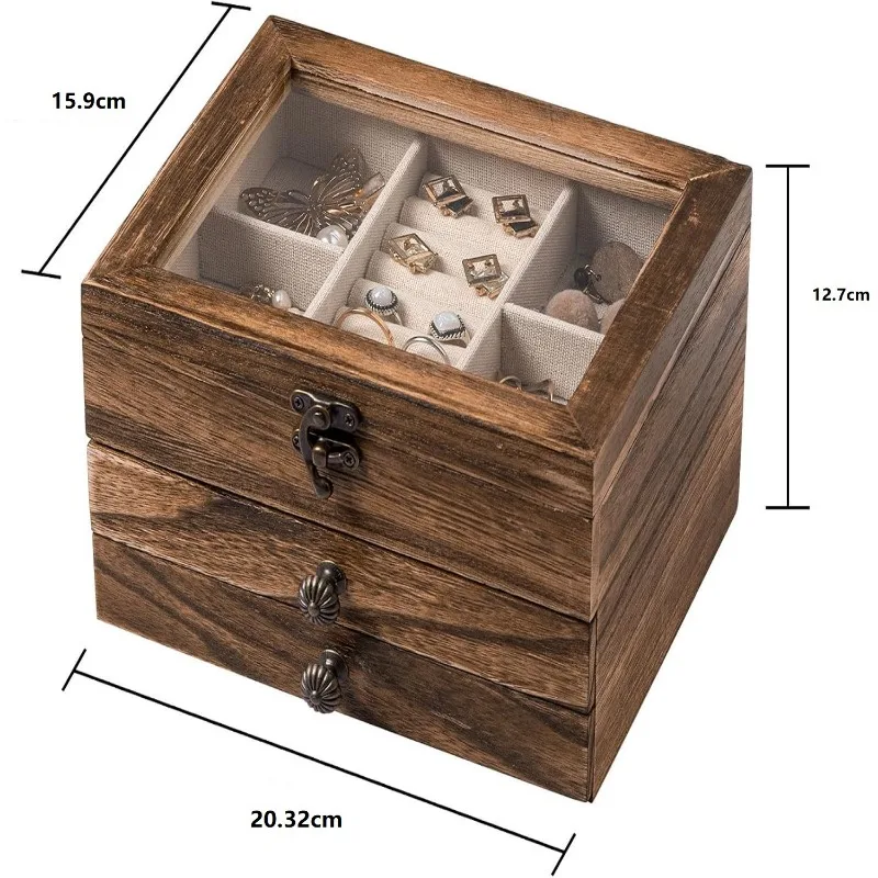 Caja de joyería de madera maciza, baratijas portátiles, cajas de almacenamiento para exhibición de joyería, organizador de pendientes, soporte para anillos, escaparate, caja de pulseras