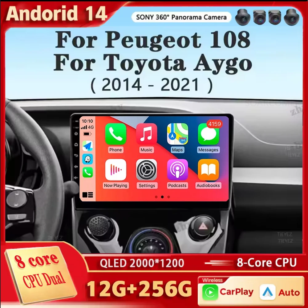 For Toyota Aygo / Peugeot 108 / Citroen C1 2014+ Android 14 CarPlay Auto Car Radio Multimedia Video Player GPS Navigation