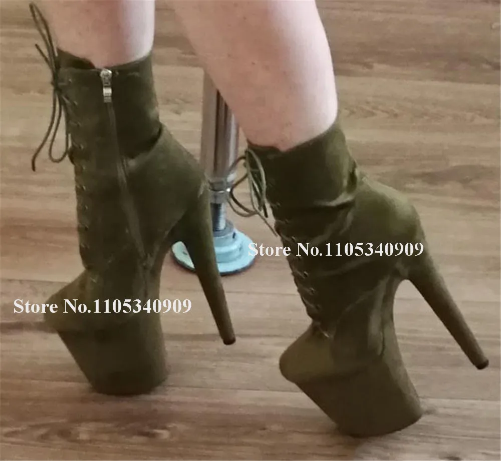 Bondarenko Army Green Yellow Red Suede Stiletto Heel Short Boots Round Toe Lace-up High Platform 20cm Stage Dance Shoes