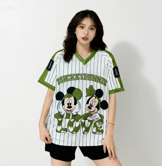 

Футболка с принтом Микки Диснея, летняя женская свободная модная футболка с V-образным вырезом, уличная одежда для путешествий и отдыха, повседневная спортивная одежда, топ