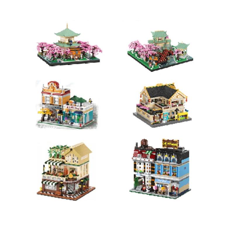 

Creative Mini Block City Street View Sakura Pavilion Pet Shop Library Restaurant Nightclub Building Brick Figures Toys For Gifts