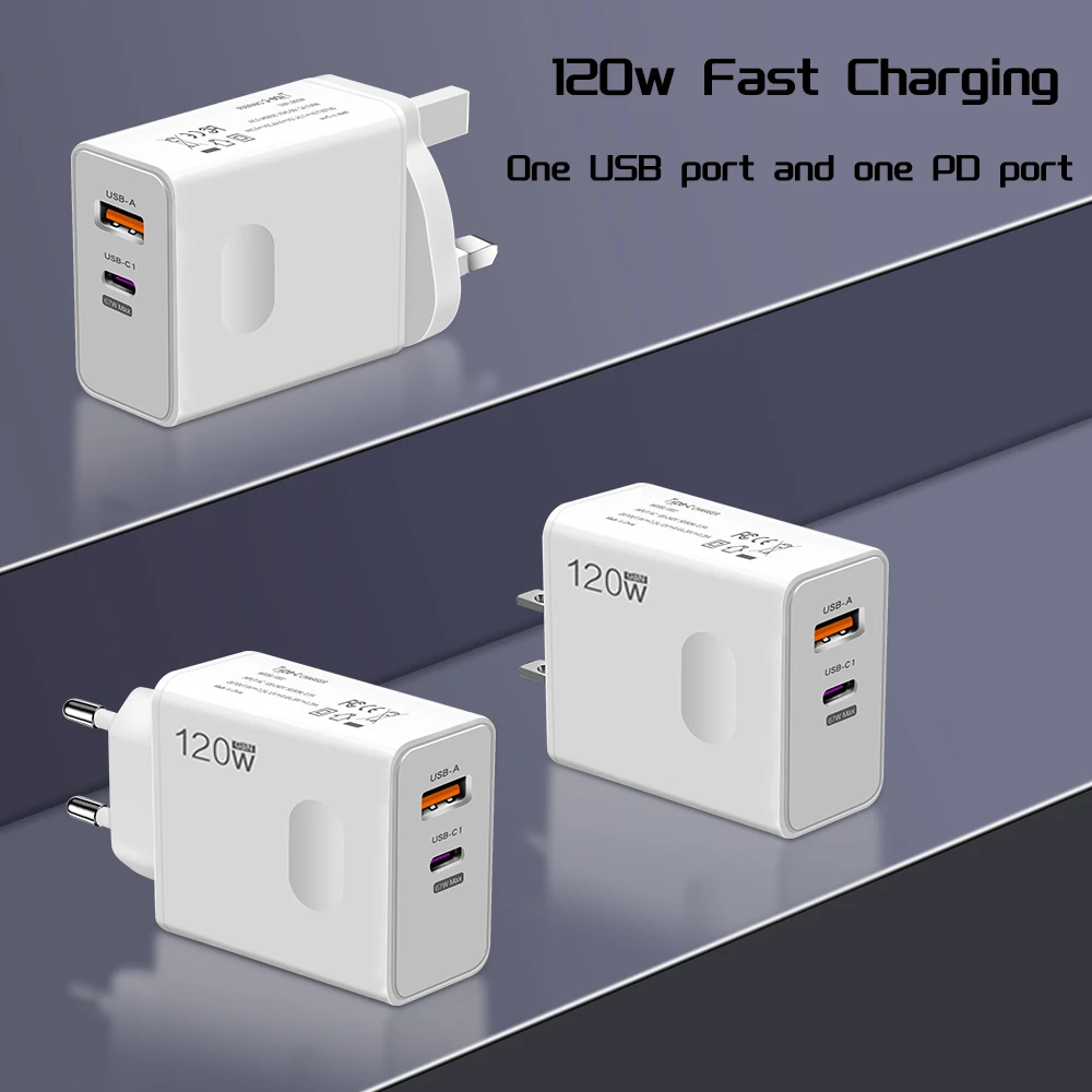 120W Fast Charger USB Type C PD Cable Fast Charging Quick Charge 3.0 Adapter For iPhone For Xiaomi For Samsung Pixel Cellphones