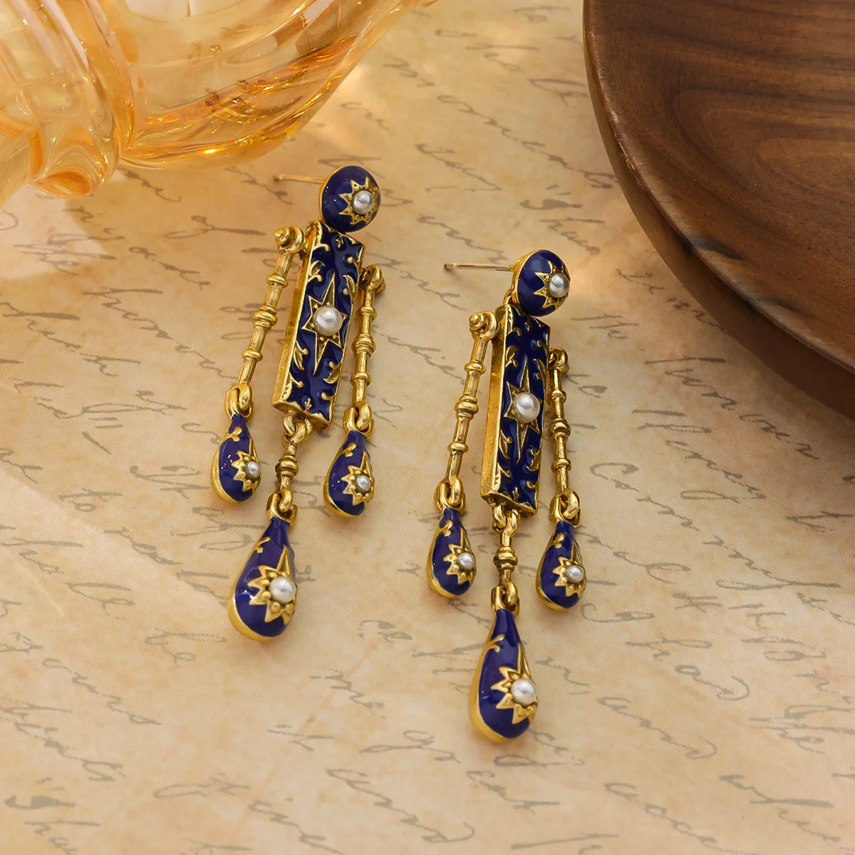 Retro Personalized Blue Eight-Pointed Star Pearl Tassel Earrings, Medieval Temperament, Fashionable Palace Style and Versatile