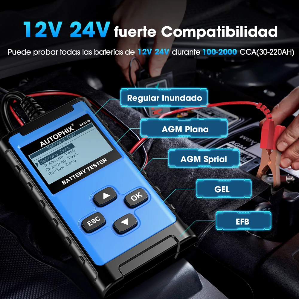 AUTOPHIX BAS100 12/24V Car Battery Tester Alternator Charging Cranking System Analyzer Load Tester Charging System Analyzer Car