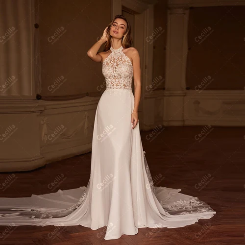 Preciosos Vestidos De Novia De satén, Vestidos De Novia con Apliques De encaje, batas sin mangas con cuello Halter, Vestidos sexis personalizados De Novia 2025