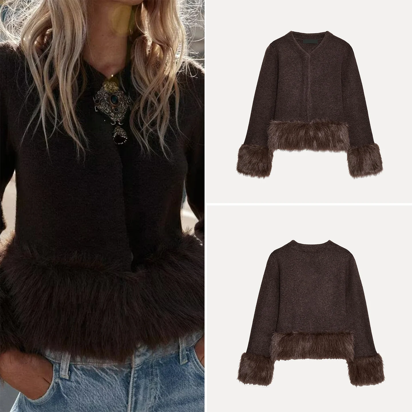 Faionable Knitted Patchwork Jaet Women's Sle Autumn 2025 New Arrival Ele Aosphere Leather Coat Long Sve ort ...