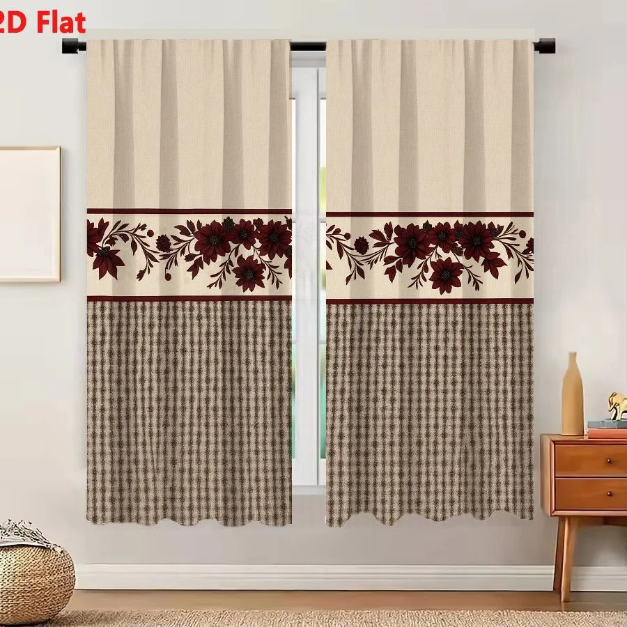 2Pcs Curtains Add 2D Flat Rustic Country Style Floral Border And Gingham Check Pattern Decorative Wallpaper Or Fabric Window Dra