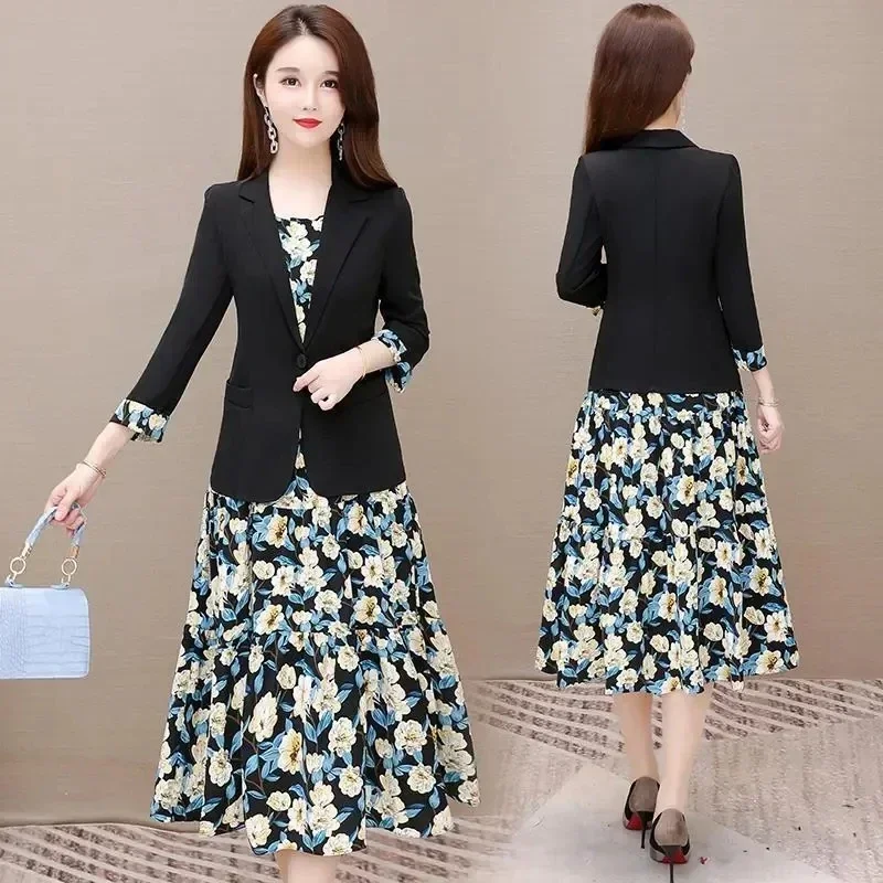 Traje elegante de moda Floral para mujer, conjunto de 2 piezas de talla grande, Blazer fino de estilo coreano y vestidos Midi sin mangas, N318