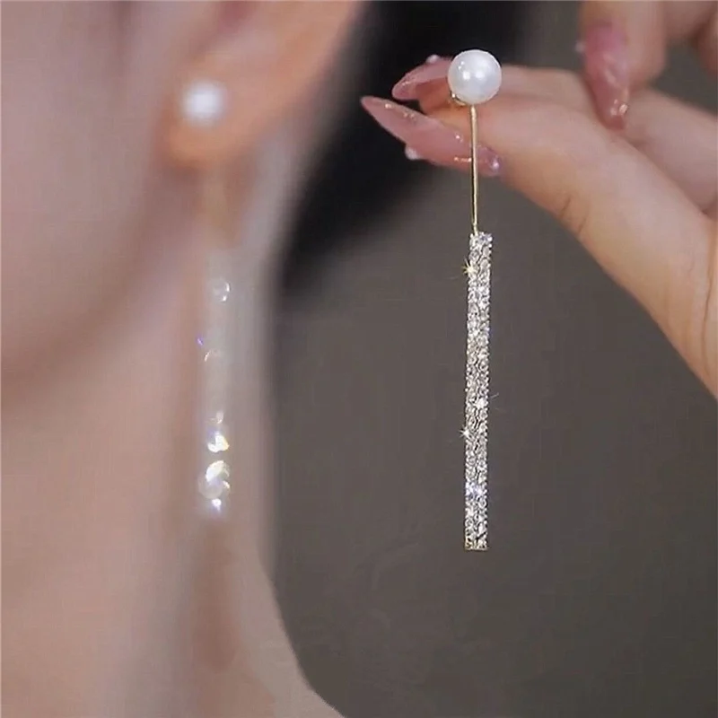 Korean Long Tassel Pearl Dangle Earrings for Women Luxury Full Rhinestone Gold Color Drop Earrings Wedding Party Jewelry Gift