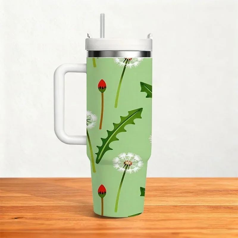 Stainless Steel 40Oz Insulated Tumbler, Whimsical Dandelion And Red Poppy Bud Digital Print on Light Green Background, Reusable Drink Container for Daily Sipping, Outdoor Trips And Office Desk Use