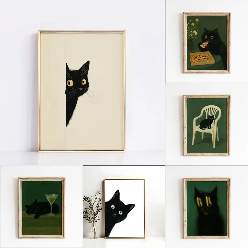 Minimalism Cute Peeping Black Cat Funny Cat Face Modern Poster and Prints Canvas Printing Wall Art Picture for Living Room Decor