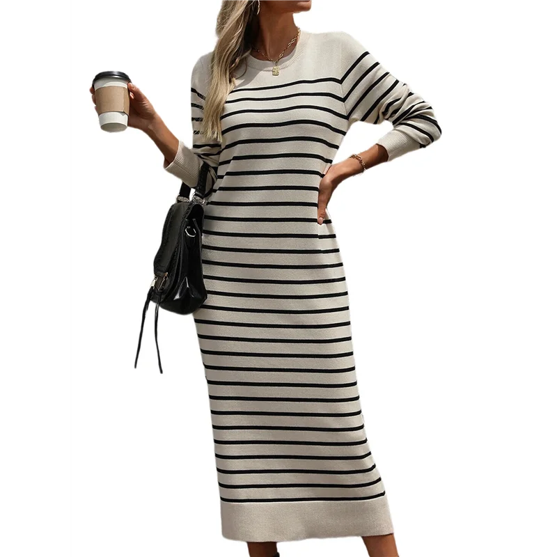 

ASDS-Long Sweater Dress For Women Loose Knitwear Striped Long Dresses Stylish Autumn And Winter Outfits