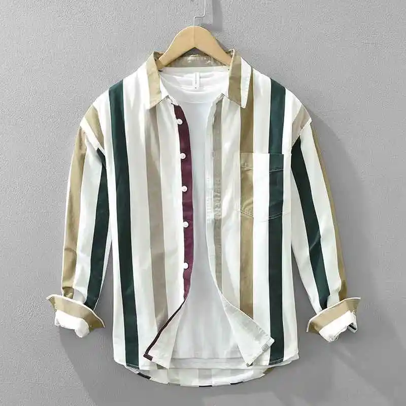 

Men's Striped Long Sweed Shirt Square Neck Top Casual Cotton Shirt Easy Care Long Sleeve Striped Shirt for Daily Wear