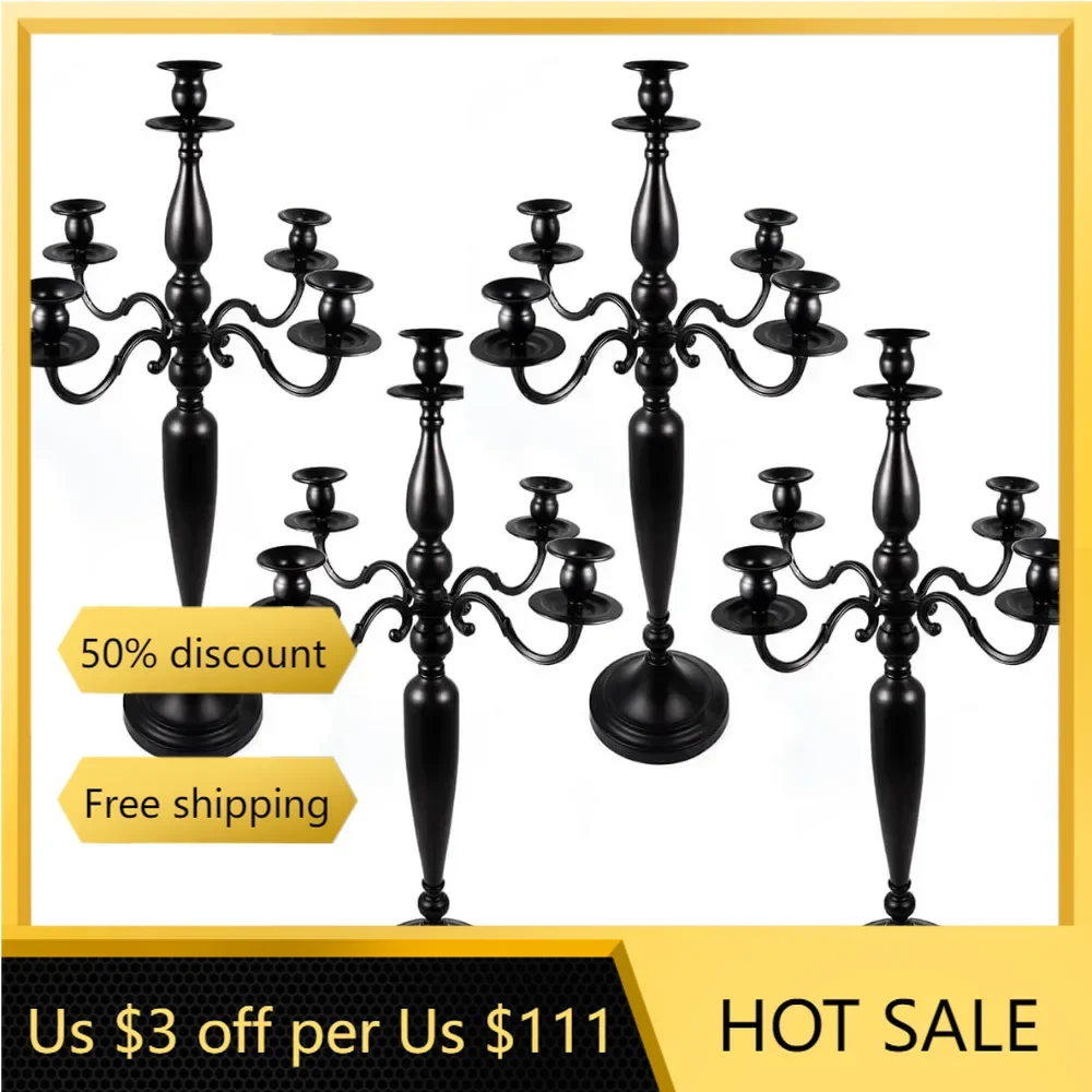 4Pcs Black Candlestick Holder, 5 Arm Candelabra, 28 Inch Tall, Metal Taper Candle Holder