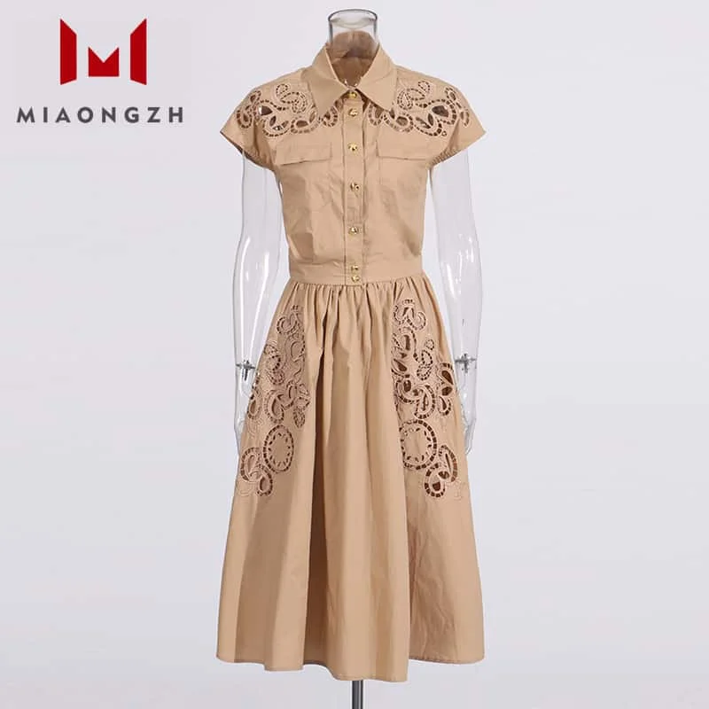 

High Quality Fashion Vintage Embroidery Hollow Out Two Piece Set for Women Lapel Short Sleeve Top + High Waist A Line Skirt Suit