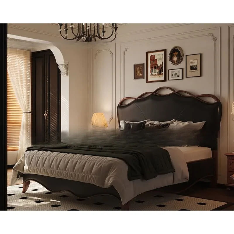 Retro French leather bed, first layer cowhide, medieval style, master bedroom American double bed