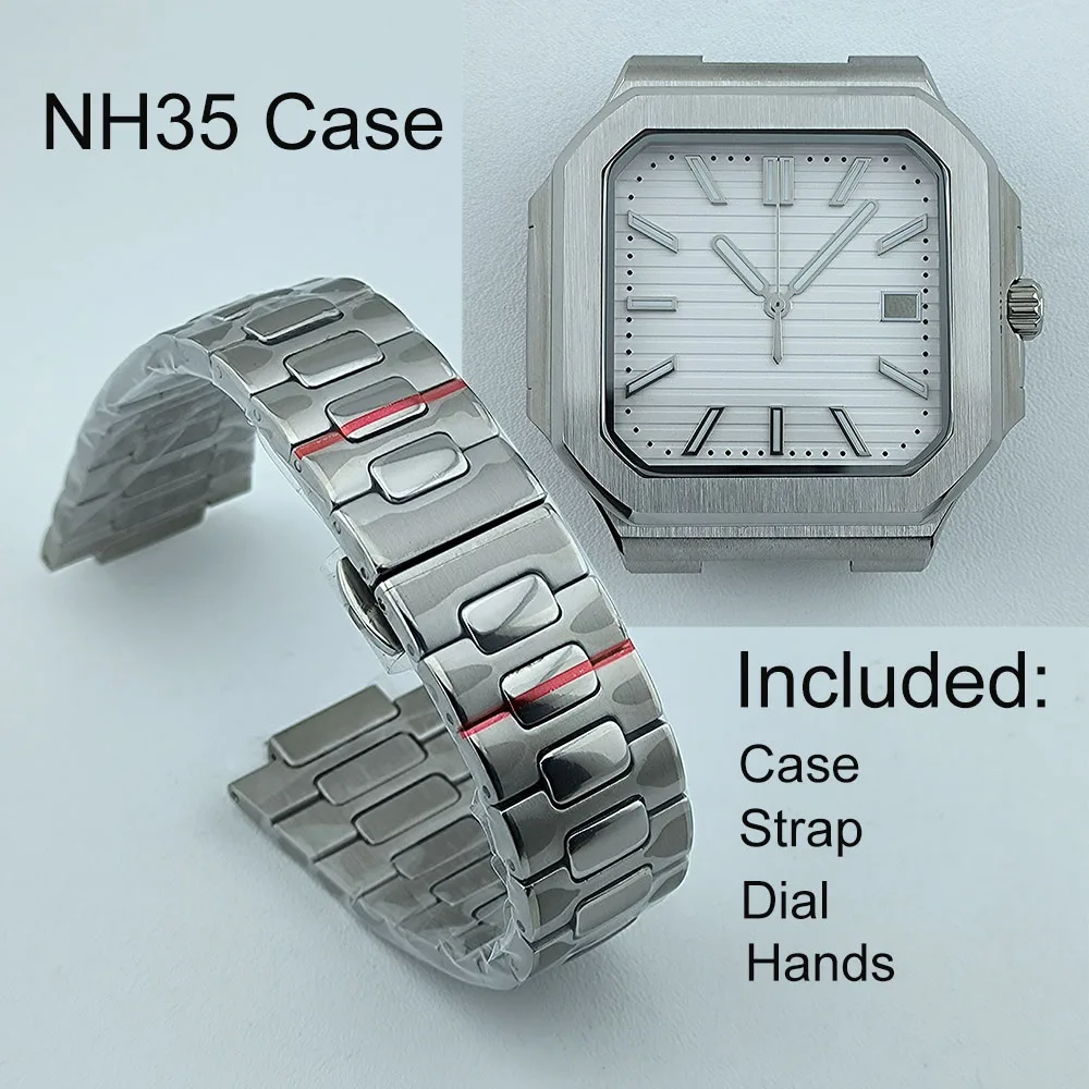 NH35 Watch Case Square Men's Watch Parts Foldingclasp WatchBand For Nau Modified Fit NH35 NH38 Movement Sapphire Crystal Glass