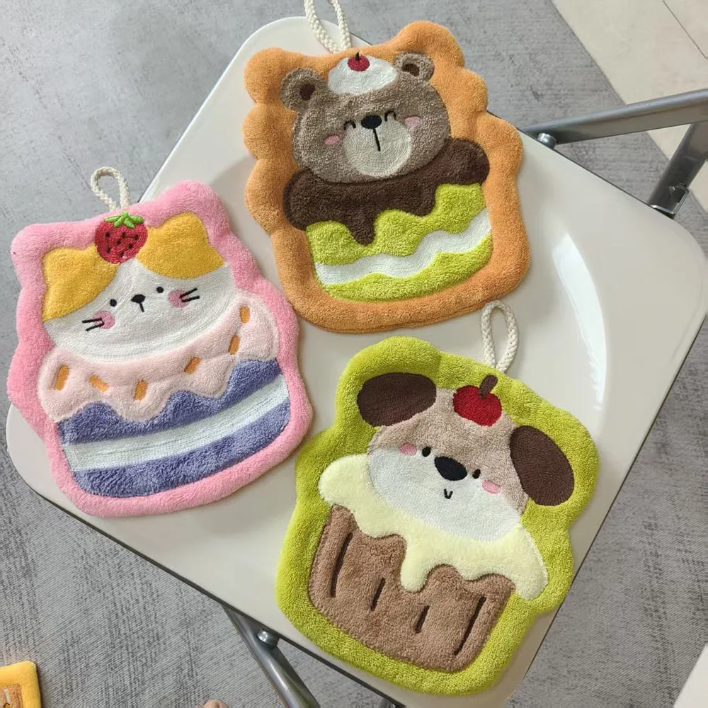 Cute Cake Animal Hanging Hand Towel Soft Coral Fleece Absorbent Kitchen Towel Kids Gift Bathroom Home