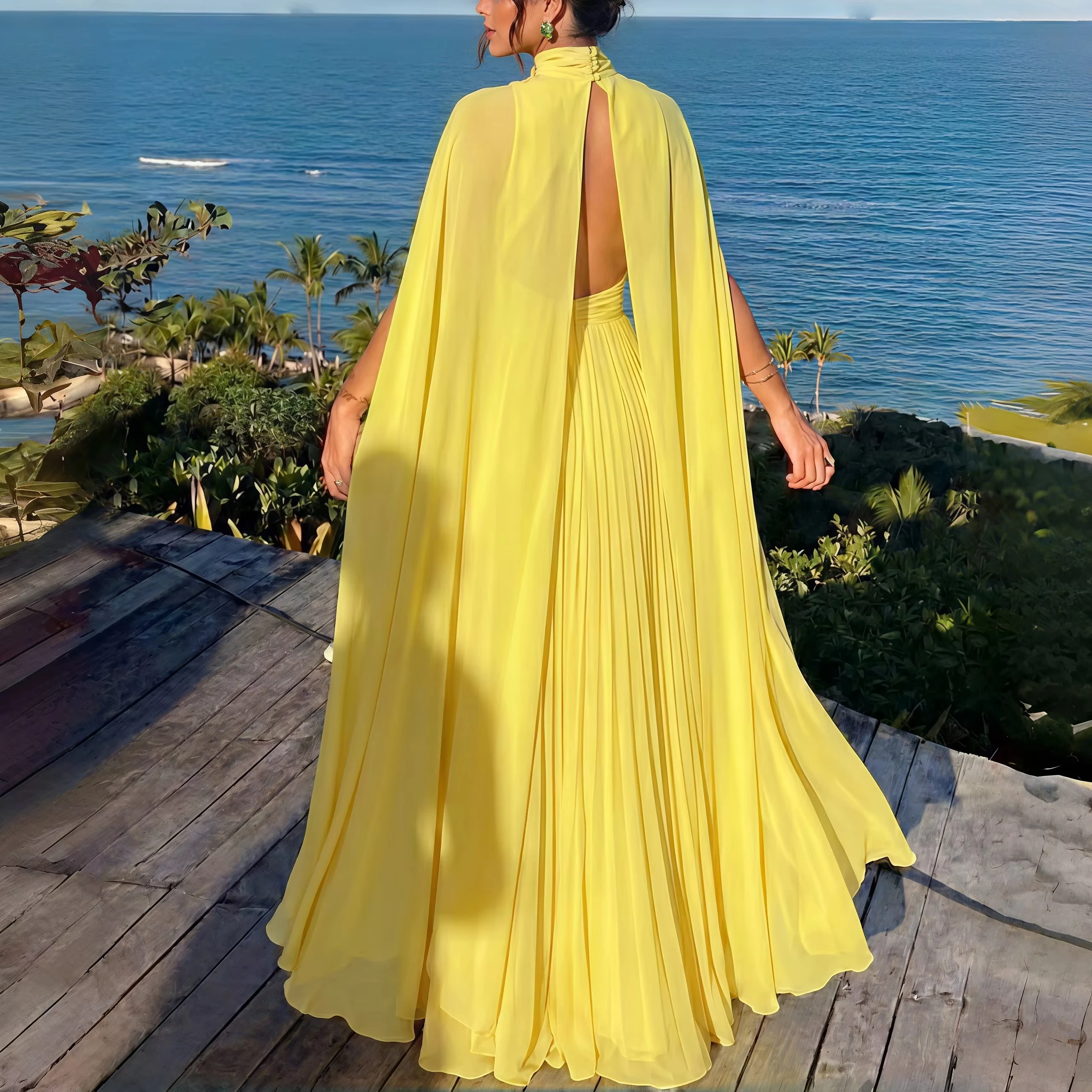 Wedding Dress - Chiffon High Neck Halter Cape Sleeve