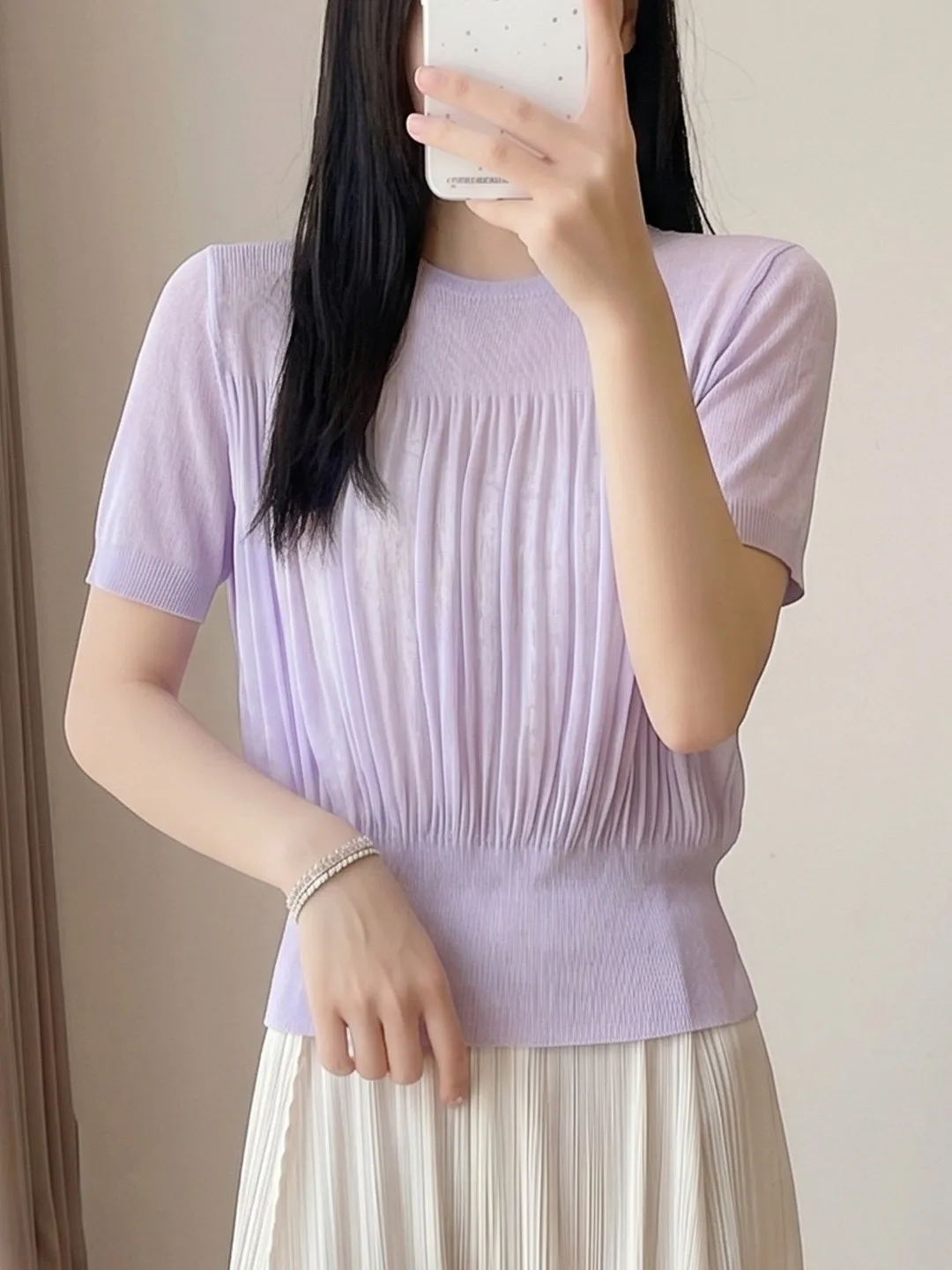 

Elegant Lantern Sleeve Top Women's Spring New Style Gathered Waist Slimming Gentle Purple Versatile Casual Polyester T-Shirt