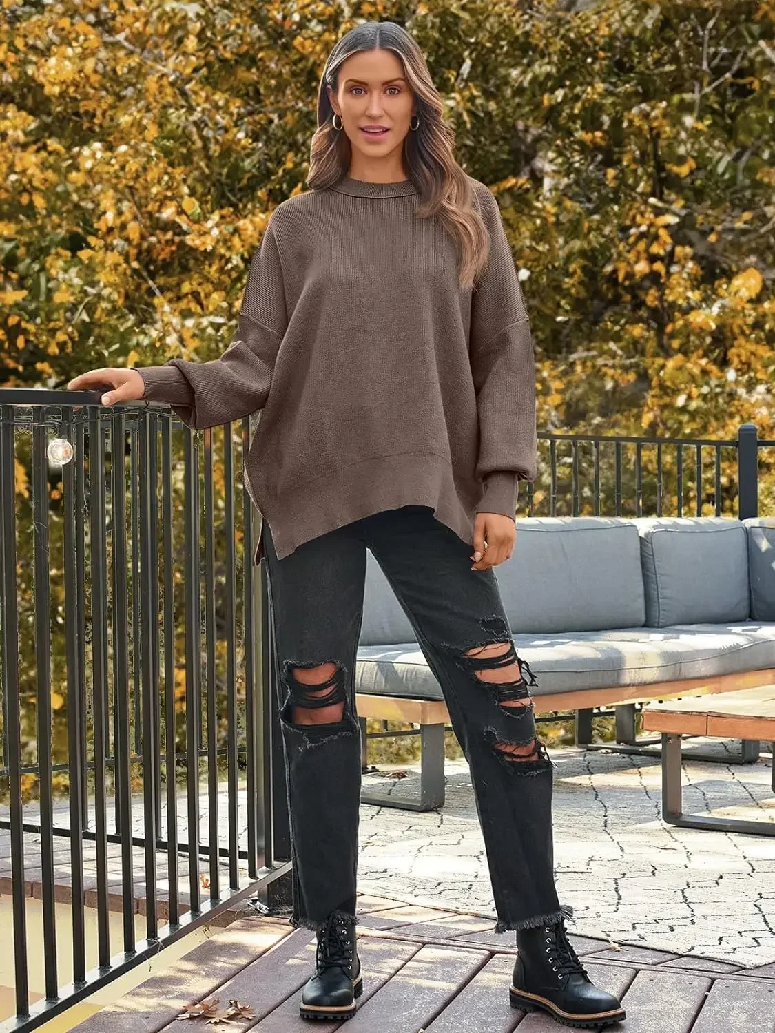 2024 Nowa jesienna damska bluza z długim rękawem Crewneck Batwing Pullover Fall Oversized Ribbed Knit Side Slit Pullover Tops Winter