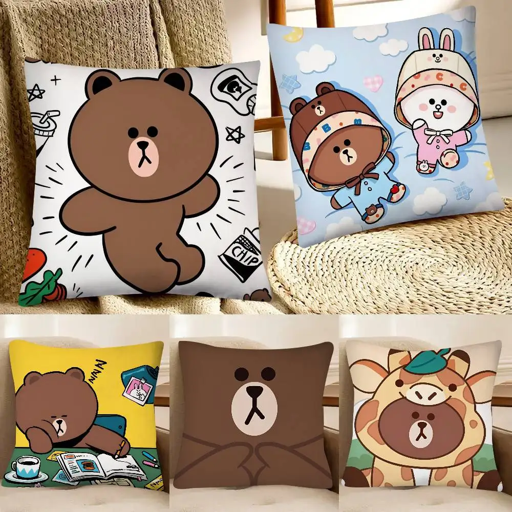 Niedlicher koreanischer L-LINE FRIENDS Kissenbezug mit braunem Bär und Hase, modischer quadratischer Kissenbezug für Schlafzimmer, Sofa, Zimmer, Innendekoration, Freizeit