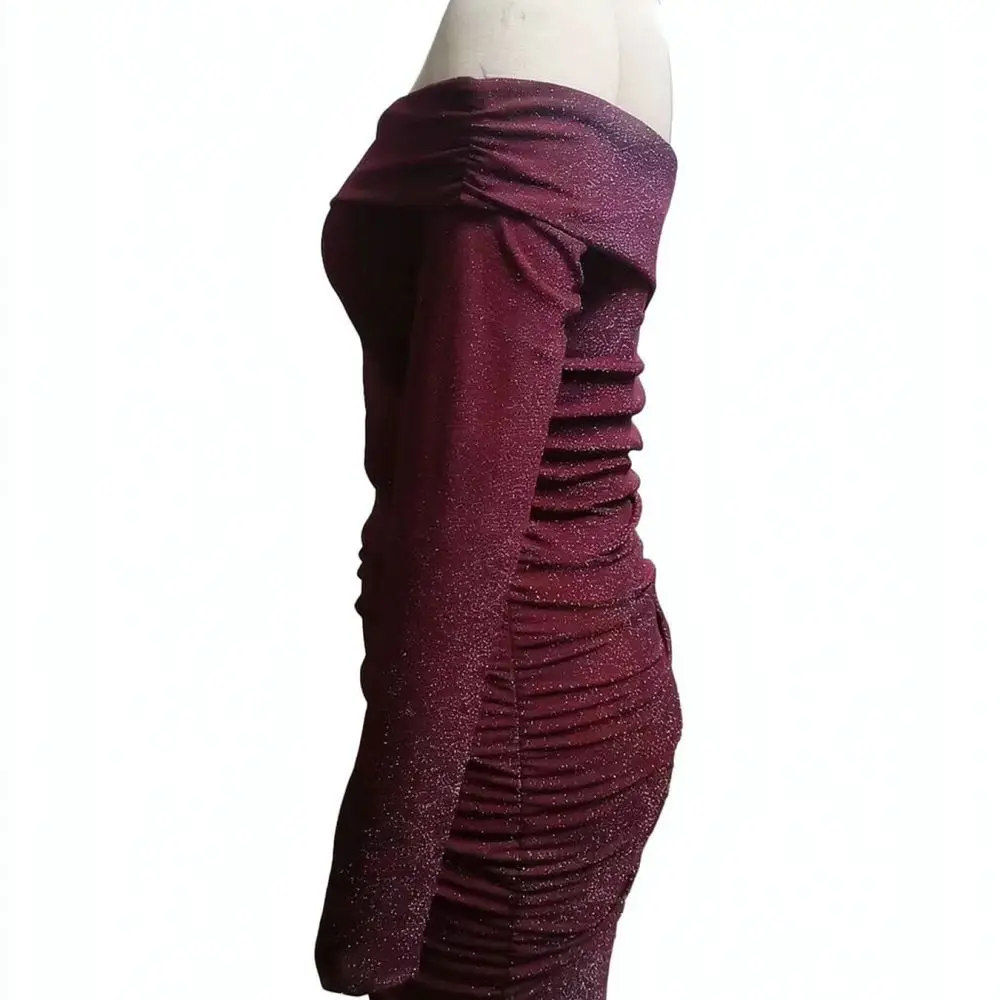 Elegant Burgundy Dress For Ouyue Women Spring Sexy Bodycon Long Sleeve Ruched Slim Fit Mini Fashion Clothing