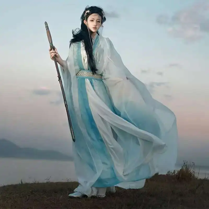 

Chinese Hanfu Dress Women Halloween Carnival Cosplay Costume Female Party Outfit Ancient Embroidered Blue&Green Hanfu Tang Suits