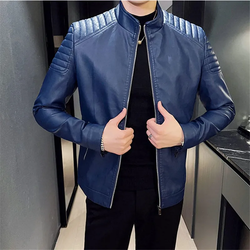 2023 Autumn Winter Leather Jacket Men Slim Casual PU Coat Moto Biker Stand Collar Solid High Quality Korean Leather Jakcets Man