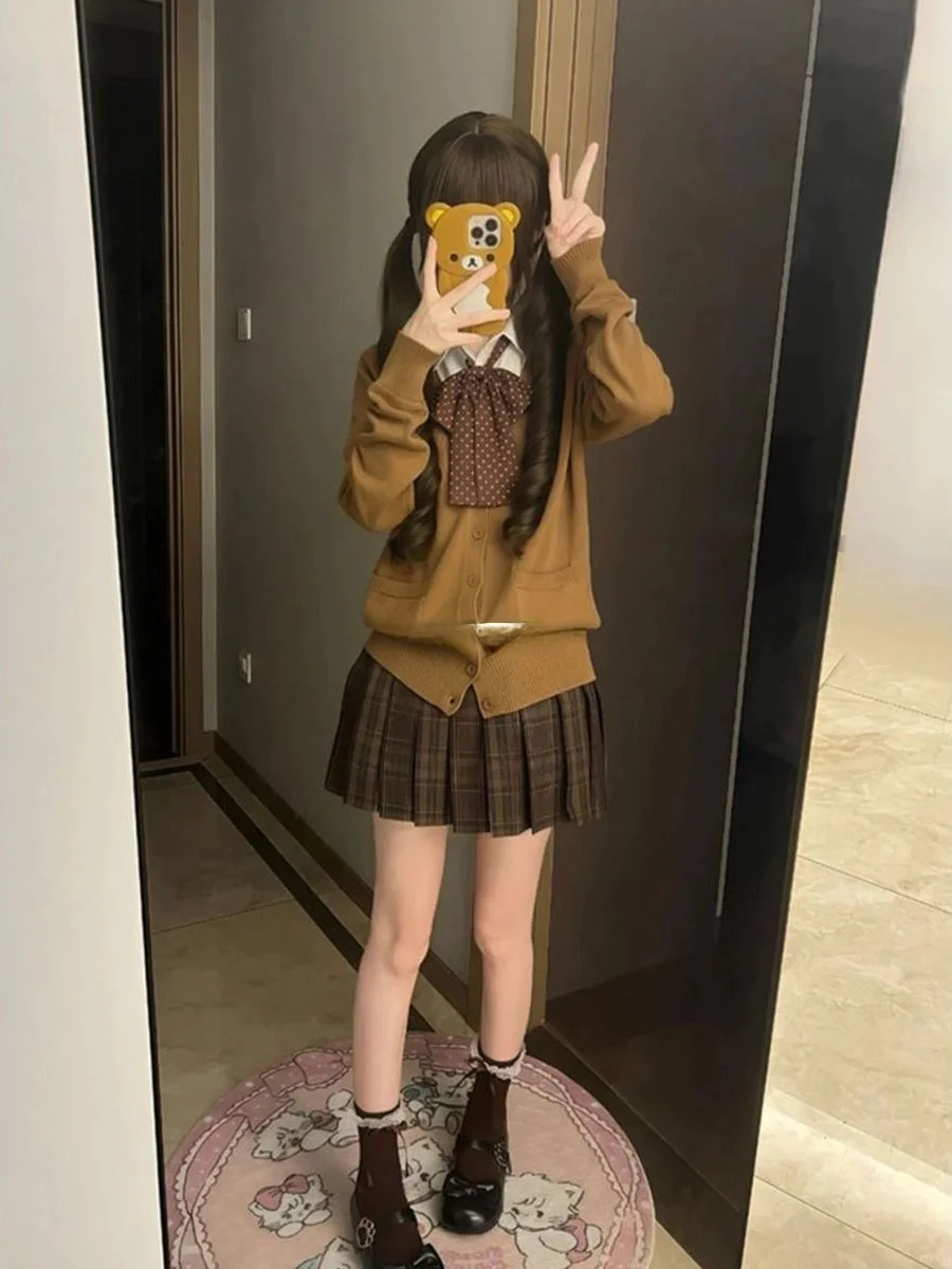 

Кардиган-свитер в клетку в японском стиле JK, длинный вязаный кардиган-свитер, комплект для осени и зимы, в студенческом стиле