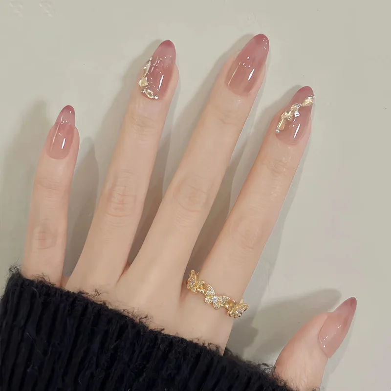 24 Stück Aurora Nude Pink Press on Nails Mandel Acryl Einfache künstliche Nägel mit Farbverlaufsdesign Nagel Chrom Einfarbig Falsche Nägel