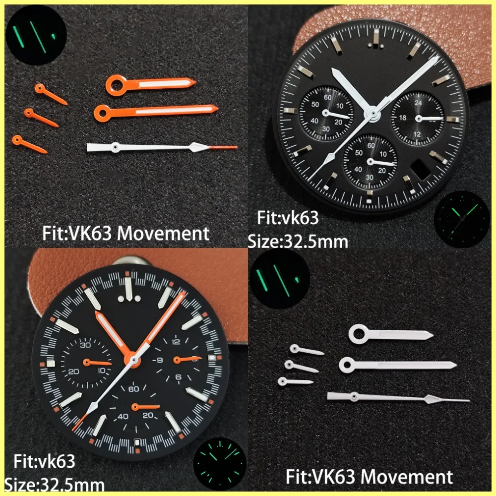 For VK 63 32.5mm Dial and Watch Hands Green Luminous Watches Accessories Suitable for VK 63 Quartz Movement new Accessory Parts