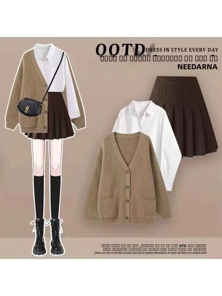 

Осенне-зимний комплект из футболки в стиле ретро, пальто, свитер, кардиган, белая плиссированная юбка, женский ансамбль Faion, стандартный крой