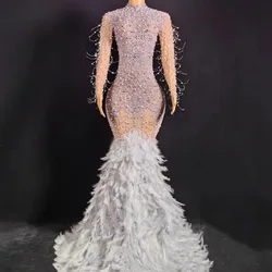 Sexy Stage Rhinestones Transparent Long Feather Dress Birthday Celebrate Outfit Evening Women Dance Costume Photoshoot Dress