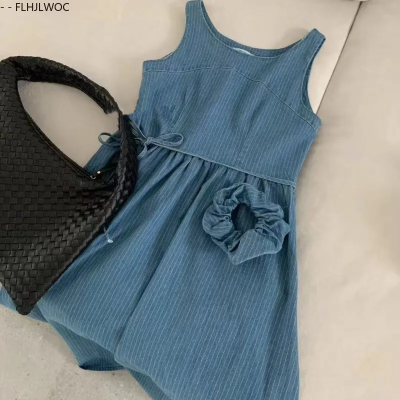 Algodão azul denim jean vestidos nova moda feminina 2025 verão data meninas rendas retro vintage listrado sem mangas colete vestido
